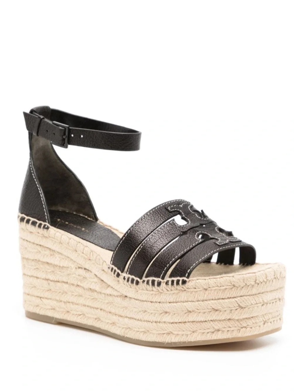 Tory Burch Ines Wedge Espadrille Sandals  Black Leather Sz 9 New 154464 Designer